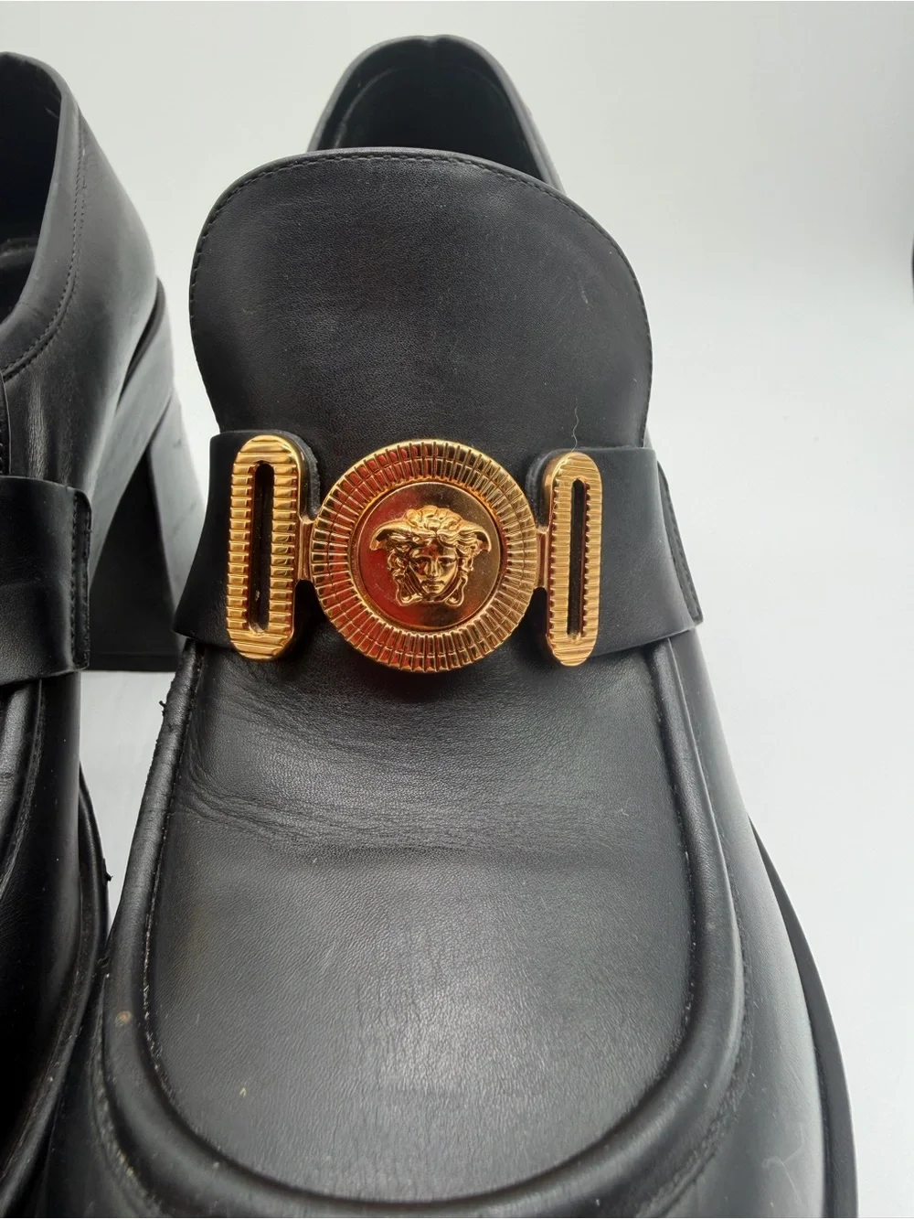 Versace Black Leather Platform Loafers with Gold Medallion Sz 38 EU